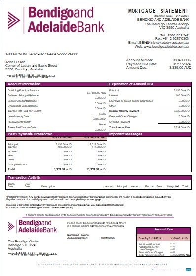 Download Australia Bendigo and Adelaide Bank bank mortgage statement scr Photoshop template
